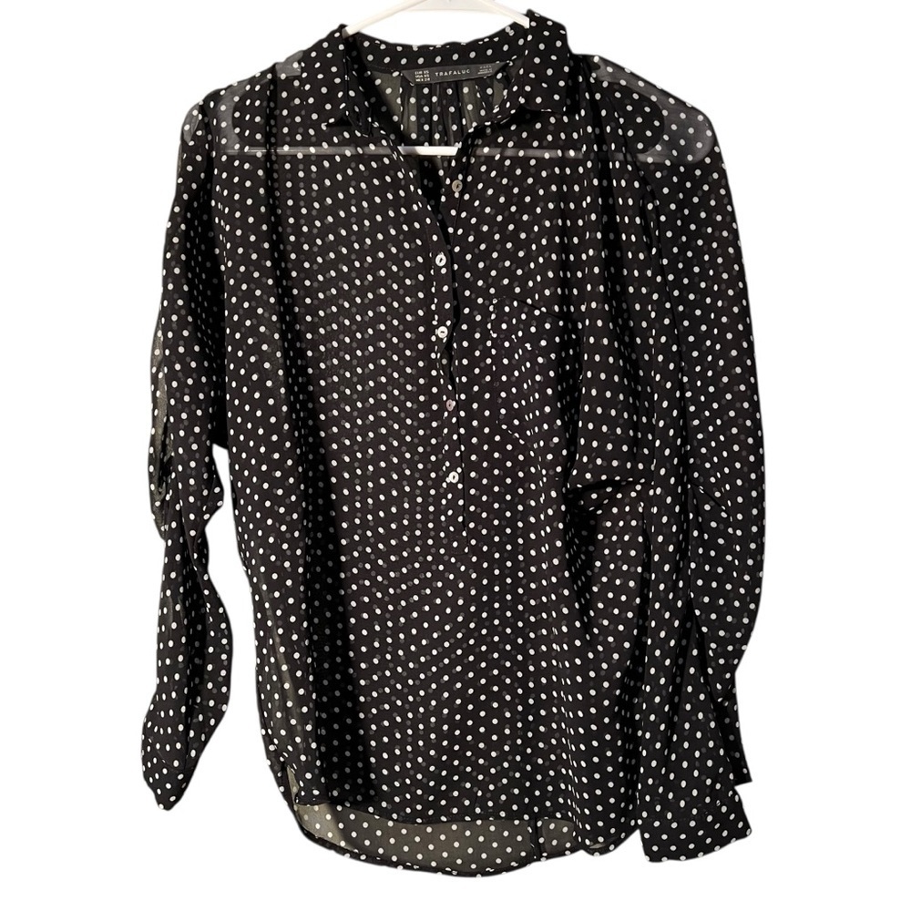 Zara Trafaluc Womens Size XS Sheer Popover Blouse Black White Polka Dots Shirred